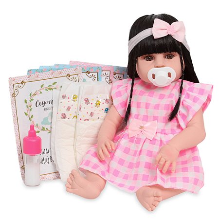 Boneca Reborn Realista Morena 46cm Vestido Xadrez Rosa