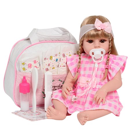 Boneca Tipo Reborn Bebê Valentina Vestido Xadrez Completa