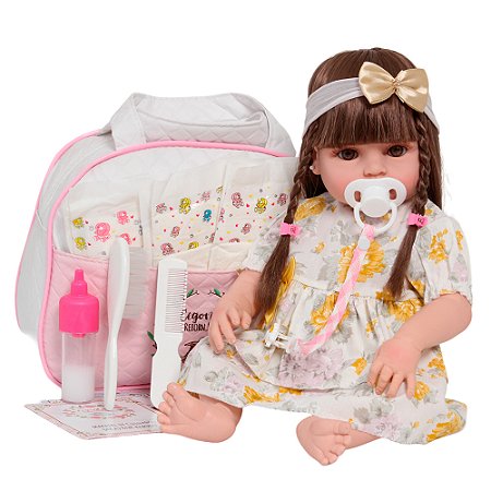 Boneca Reborn Menina Cabelos Castanhos Com Bolsa 20 Itens