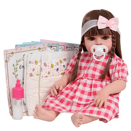 Boneca Bebê Reborn 100% Vinil Siliconado Com Vestido Xadrez