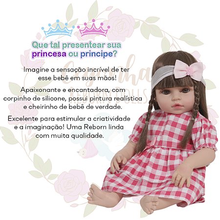 Boneca Reborn Bebê Corpo De Vinil Vestido Xadrez Completa