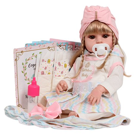 Boneca Reborn Loira 100% Vinil Conjunto Arco Íris 13 Itens