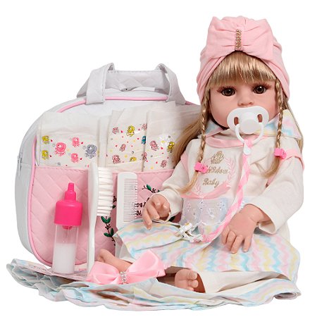 Boneca Reborn Loira Com Bolsa Enxoval Arco Íris Completo