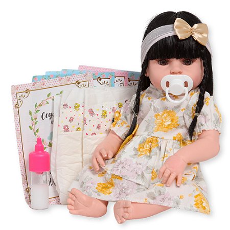 Boneca Reborn Morena Com Lindo Vestido Kit 13 Acessórios