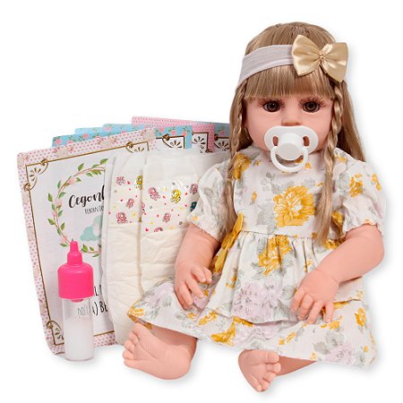 Bebê Reborn Boneca Loira Menina Linda Kit 13 Acessórios