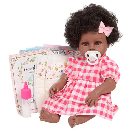 Boneca Reborn Negra Realista Com Acessórios Vestido Vermelho