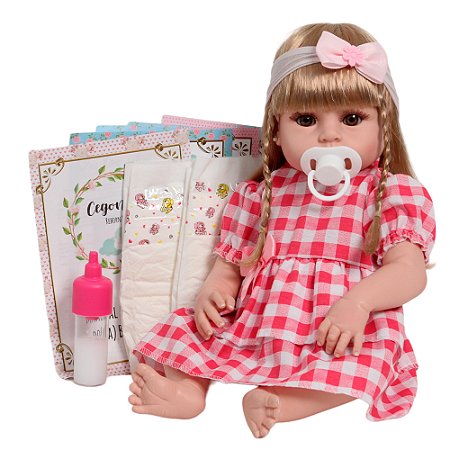 Boneca Reborn Menina Realista Loira Vestido Xadrez Vermelho
