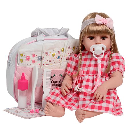 Boneca Reborn Loira Menina Gatinha Vestido Xadrez 20 Itens