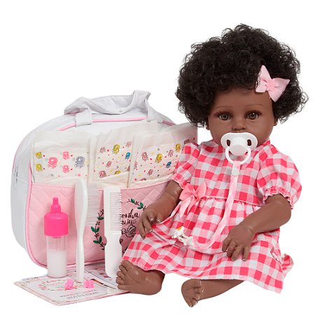 Boneca Reborn Bebê Negra Vestido Xadrez Enxoval Completo