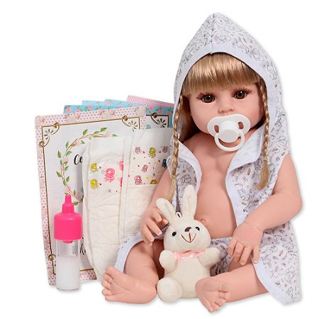Boneca Reborn Bebê Loira 46cm Roupão Coelhinho De Pelúcia