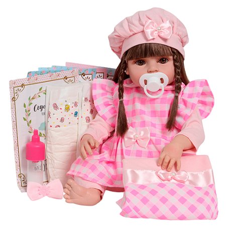 Boneca Reborn Realista Menina Linda Enxoval Xadrez 13 Itens