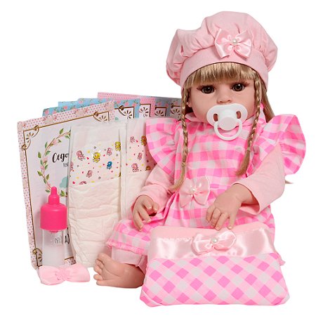 Boneca Reborn Bebê Realista Loira Vestido Xadrez Com Itens