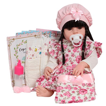 Boneca Reborn Bebê Cabelo Preto 46cm Com Kit Acessórios