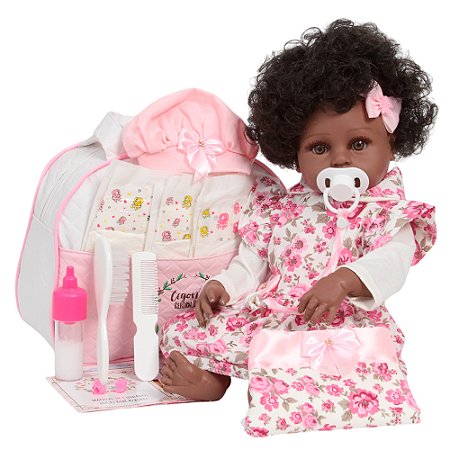 Bebê Reborn Boneca Negra Enxoval Completo Vestido Florido