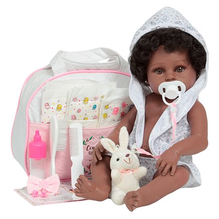 Boneca Bebê Reborn Negra Saída De Banho Coelho Bolsa Itens