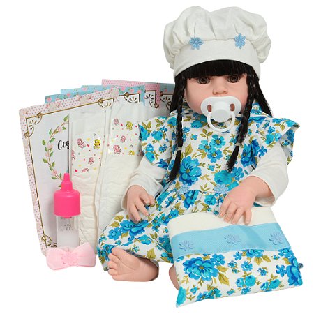 Boneca Bebê Reborn Realista Cabelo Preto Enxoval 13 Itens