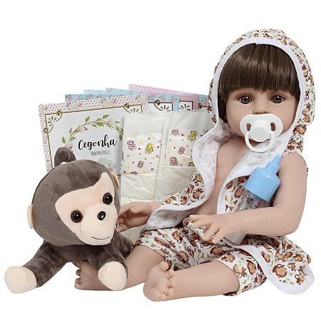 Boneco Bebê Reborn Menino Saída De Banho Macaquinho 12 Itens