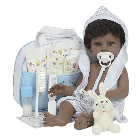 Boneco Bebê Reborn Negro Roupão Coelhinho Bolsa Acessórios