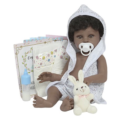 Boneco Reborn Menino Negro Realista Saída De Banho Coelho