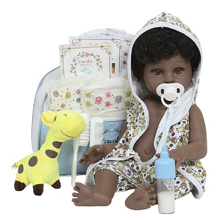 Boneco Reborn Realista Menino Negro Saída De Banho Girafa