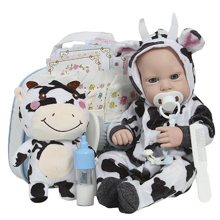 Boneco Reborn Realista 43cm Enxoval Vaquinha Bolsa Itens