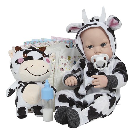 Boneco Bebê Reborn 43cm Enxoval Vaquinha 11 Acessórios