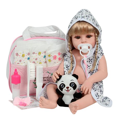 Boneca Reborn Realista Loira Enxoval Saída De Banho Panda