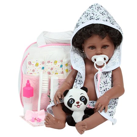 Bebê Reborn Menina Negra Saída De Banho Pandinha Bolsa Itens