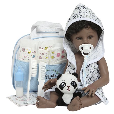 Boneco Reborn Bebê Negro Enxoval Roupão Panda Bolsa Itens