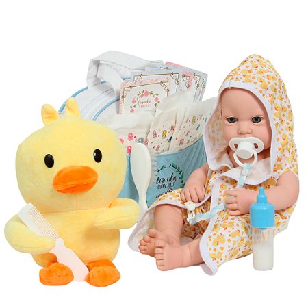 Boneco Bebê Reborn Menino Enxoval Saída De Banho Patinho