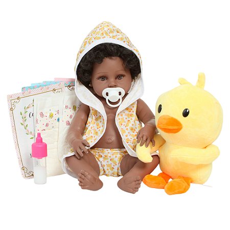 Boneca Reborn Negra Com Saída De Banho Patinho + Kit Itens