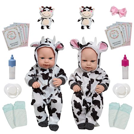 Boneca Reborn Gêmeos 43cm Conjunto De Vaquinha + Itens