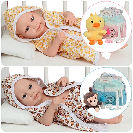 Bebê Tipo Reborn Gêmeos Luca Lara Roupão Patinho Macaquinho