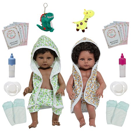 Bebê Reborn Gêmeos Corpo 100% Vinil Cabelo Cacheado Fofinhos