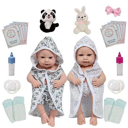 Boneco Reborn Gêmeos Casal Saída De Banho Panda Coelhinho