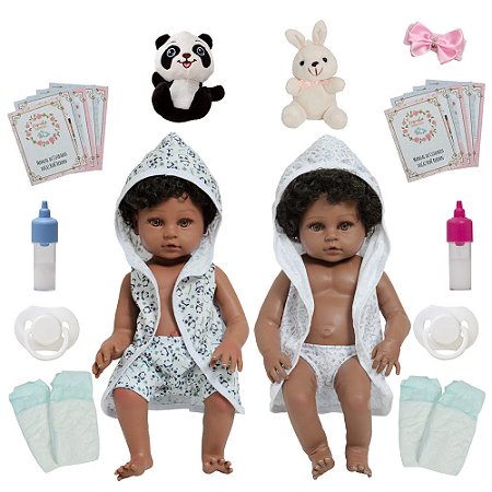 Boneca Reborn Negra Gêmeos Casal 100% Vinil Roupão + Itens