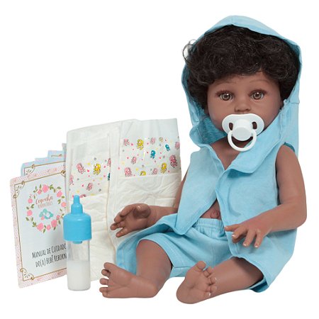 Boneco Reborn Negro Recém Nascido Com Roupão + Kit Itens