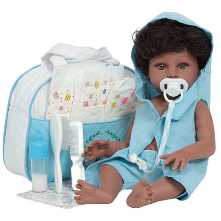 Bebê Reborn Menino Cabelo Cacheado Roupão Bolsa Acessórios