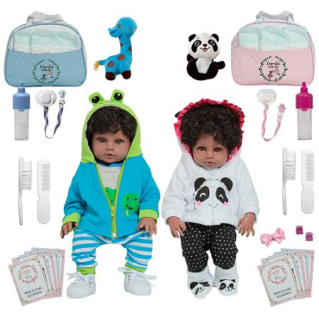 2 Boneca Bebê Reborn Gêmeos Casal Panda Jacaré Kit Completo
