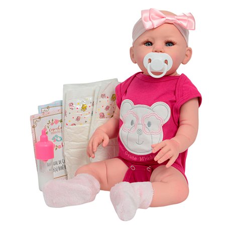 Boneca Bebê Reborn Menina Recém Nascida 48cm Roupa Ursinho