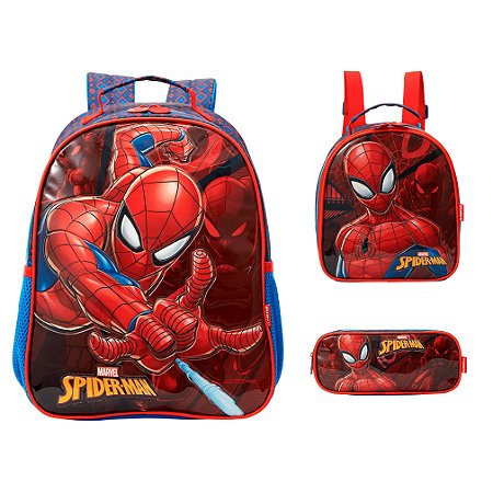Kit Mochila Infantil Costas Spider Man Lancheira Estojo Azul