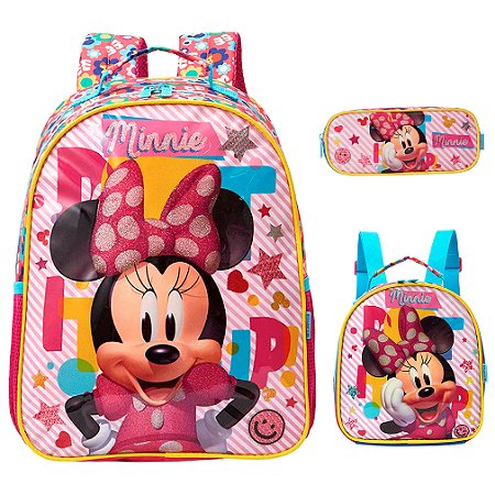 Kit Mochila Infantil Costas Minnie Lancheira Estojo Grande