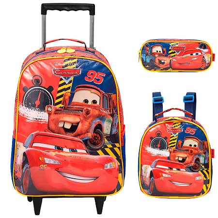 Kit Mochila Infantil Carros Rodinha Lancheira Estojo Grande