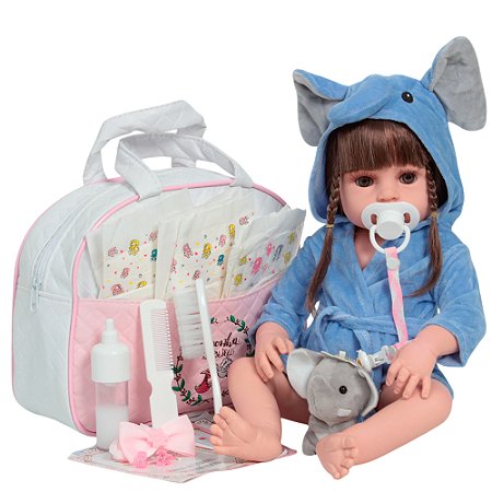 Boneca Reborn Bebê 46cm Saída De Banho Bolsa Enxoval Itens