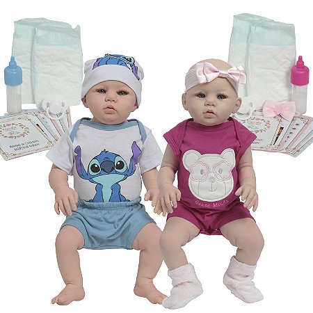 Boneca Reborn Gêmeos Abigail Corpo 100% Vinil + Kit Itens