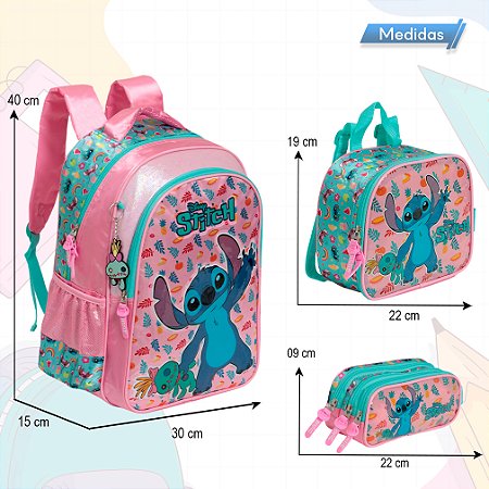 Kit Mochila Infantil Feminina Stitch Lancheira Estojo Rosa