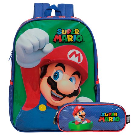 Kit Mochila Infantil Super Mario Costas + Estojo Cor Azul