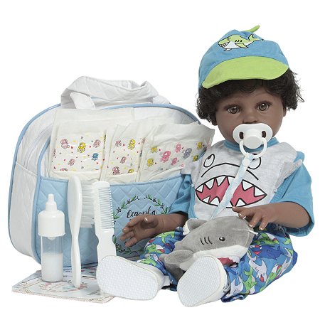 Bebê Reborn Menino Boneco Negro Enxoval Tubarãozinho Fofo