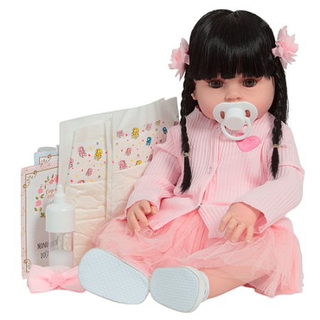 Boneca Reborn Bebê Morena 46cm Com Lindo Vestido Rosa