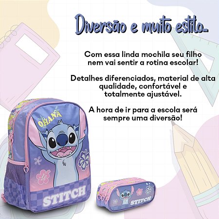 Kit Mochila Infantil Costas Stitch Estojo Cor Lilás Tam G